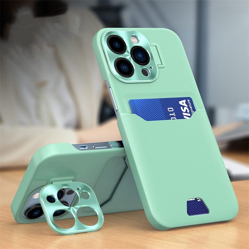 iPhone Hülle mit Kartenhalter & ausziehbarem Metallobjektiv mit Ständerfunktion