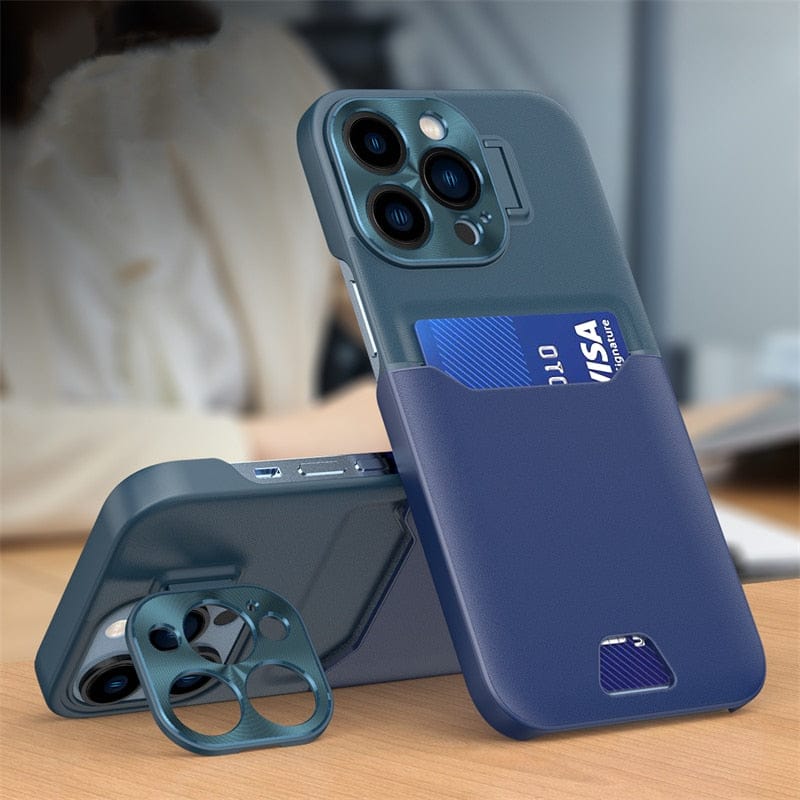 iPhone Hülle mit Kartenhalter & ausziehbarem Metallobjektiv mit Ständerfunktion