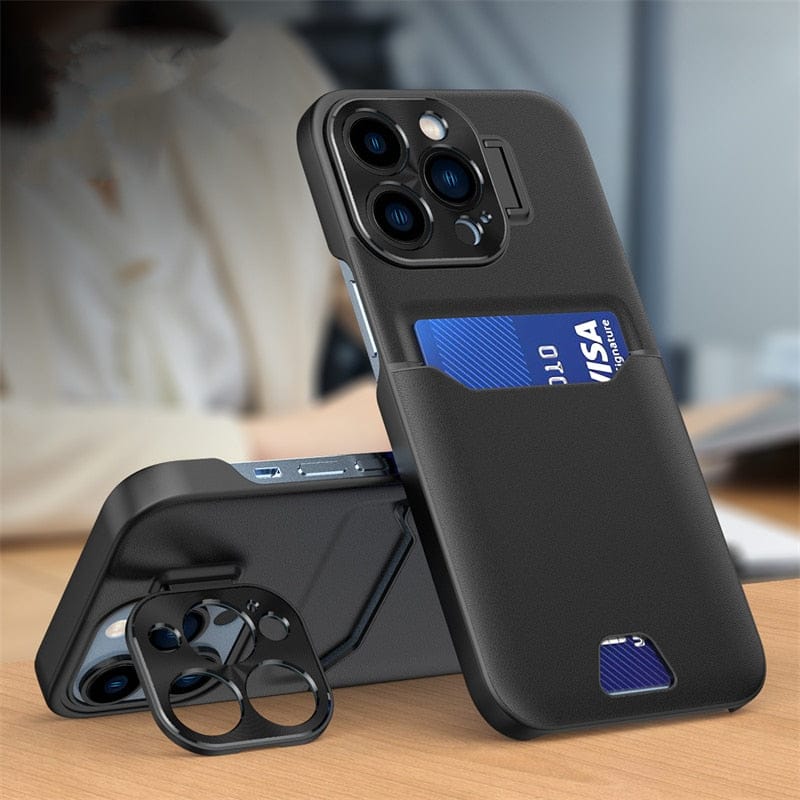 iPhone Hülle mit Kartenhalter & ausziehbarem Metallobjektiv mit Ständerfunktion