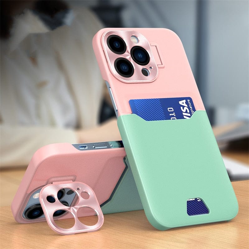 iPhone Hülle mit Kartenhalter & ausziehbarem Metallobjektiv mit Ständerfunktion
