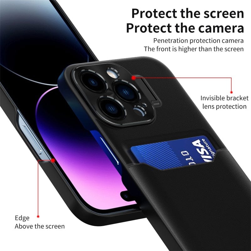 iPhone Hülle mit Kartenhalter & ausziehbarem Metallobjektiv mit Ständerfunktion