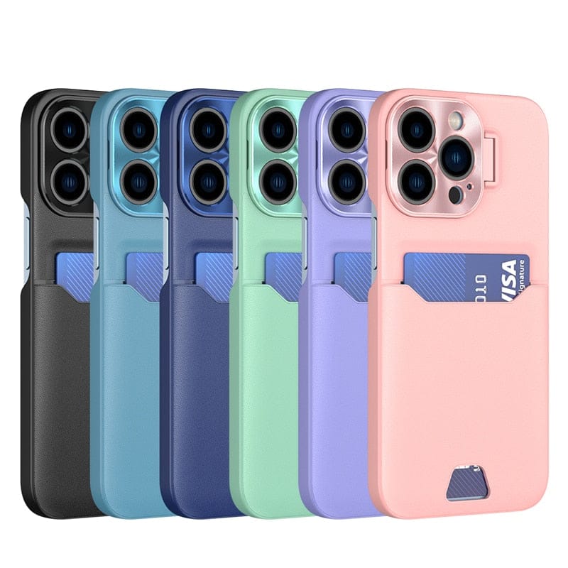 iPhone Hülle mit Kartenhalter & ausziehbarem Metallobjektiv mit Ständerfunktion