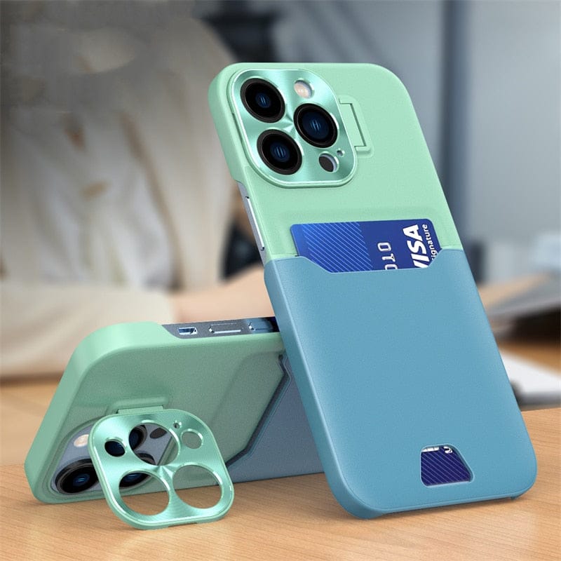 iPhone Hülle mit Kartenhalter & ausziehbarem Metallobjektiv mit Ständerfunktion