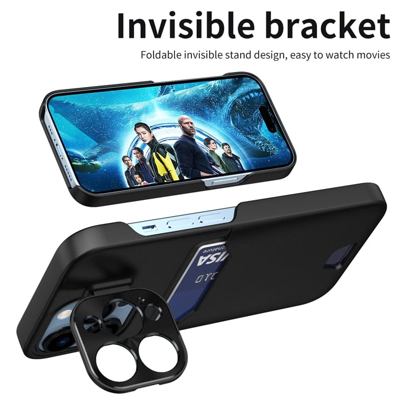 iPhone Hülle mit Kartenhalter & ausziehbarem Metallobjektiv mit Ständerfunktion