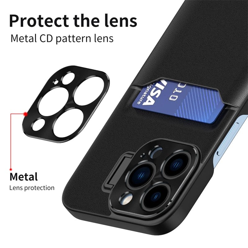 iPhone Hülle mit Kartenhalter & ausziehbarem Metallobjektiv mit Ständerfunktion
