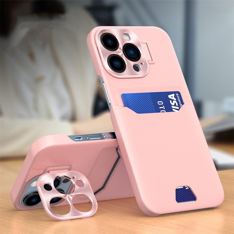 iPhone Hülle mit Kartenhalter & ausziehbarem Metallobjektiv mit Ständerfunktion